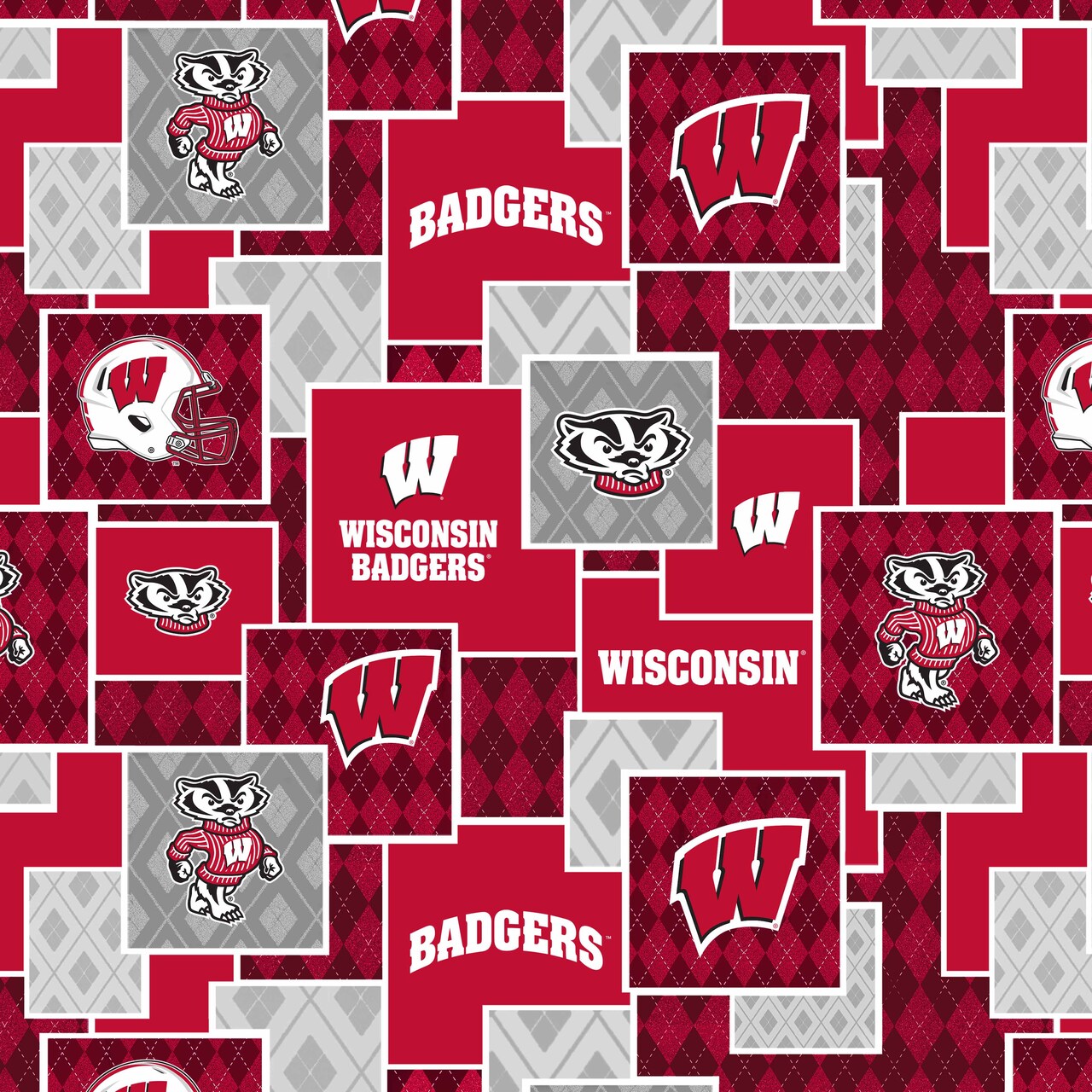 Sykel Enterprises-University of Wisconsin Cotton Quilting Fabric-Wisconsin Badgers Argyle Boxes Cotton Fabric Sold by the Yard
